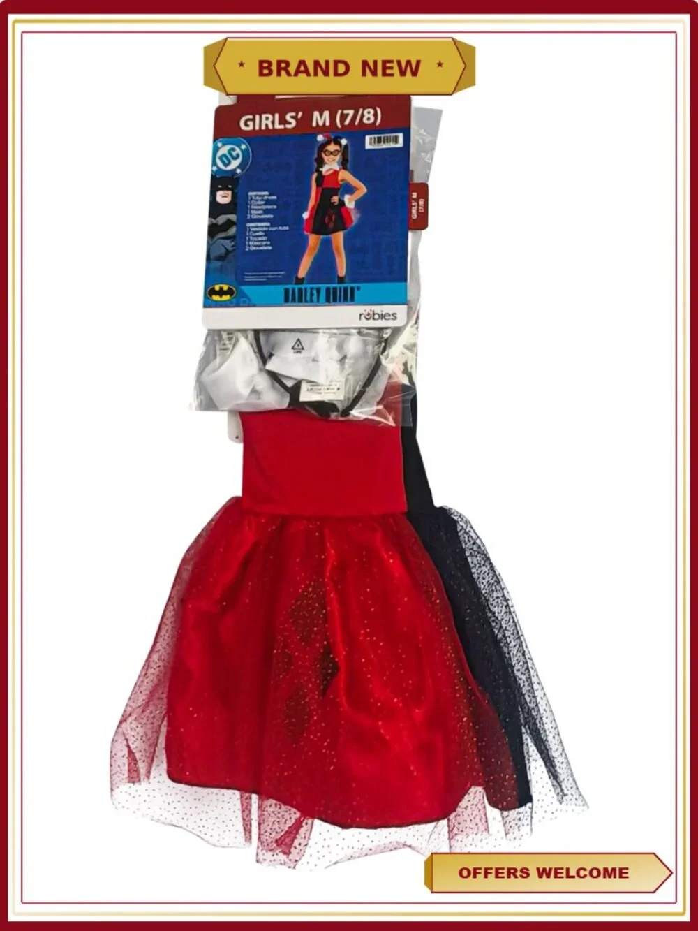 Harley Quinn Costume Girls Size L 10 12 Jester Dress Halloween Rubies